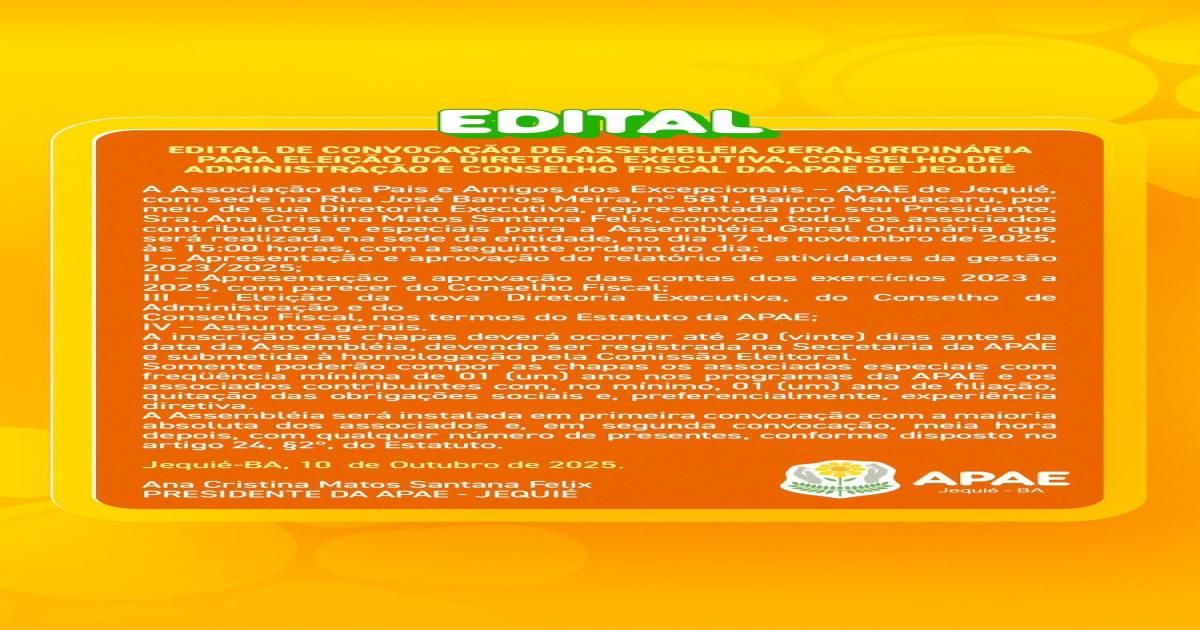 APAE de Jequié convoca associados para Assembleia Geral Ordinária e eleição da nova diretoria  Notícias Católicas